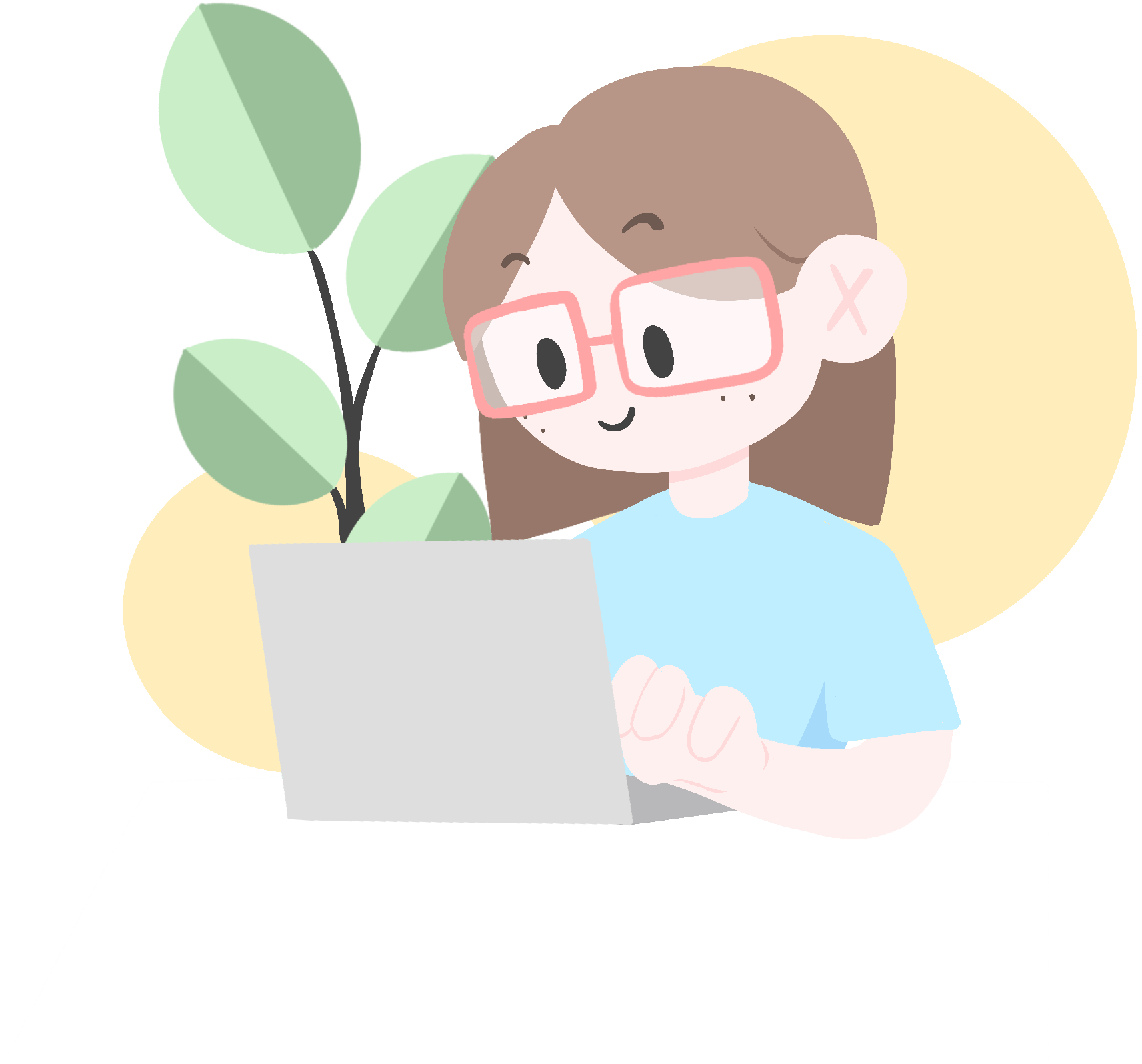 A stylized drawing of me, Rachael Metcalf, at a computer